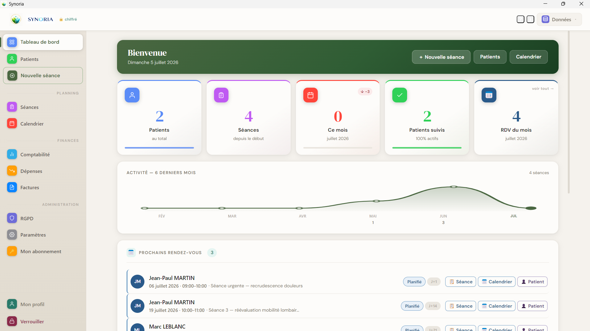Interface Synoria — tableau de bord