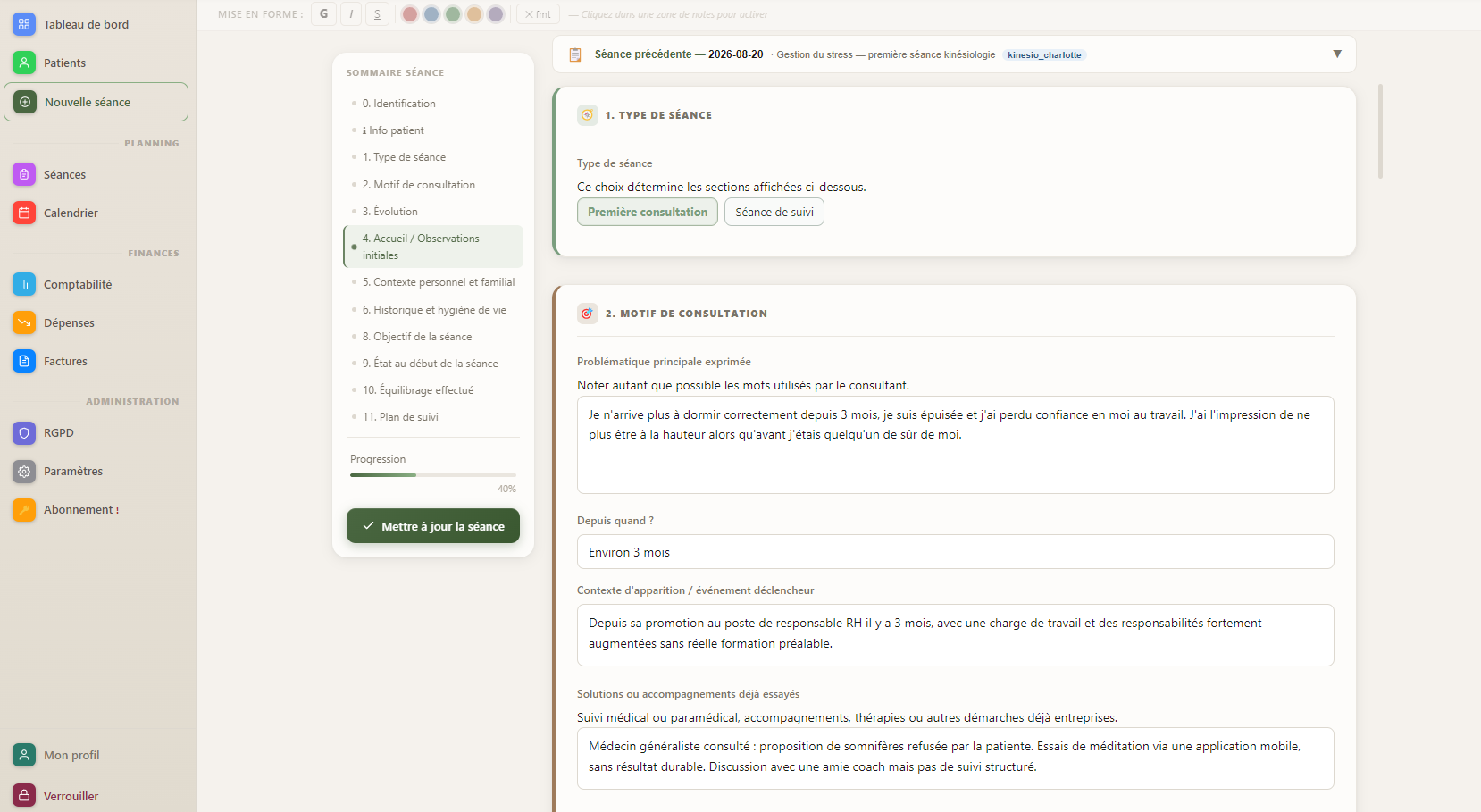 Synoria — formulaire Kinésiologie : type de séance et motif de consultation