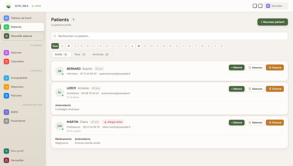 Interface Synoria — liste des patients